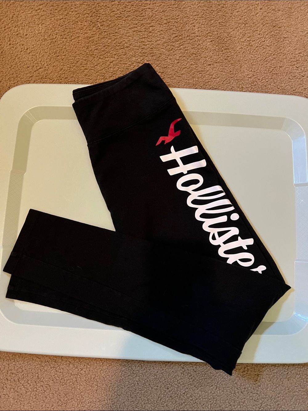Hollister Black Leggings with White Script and Pink Seagull